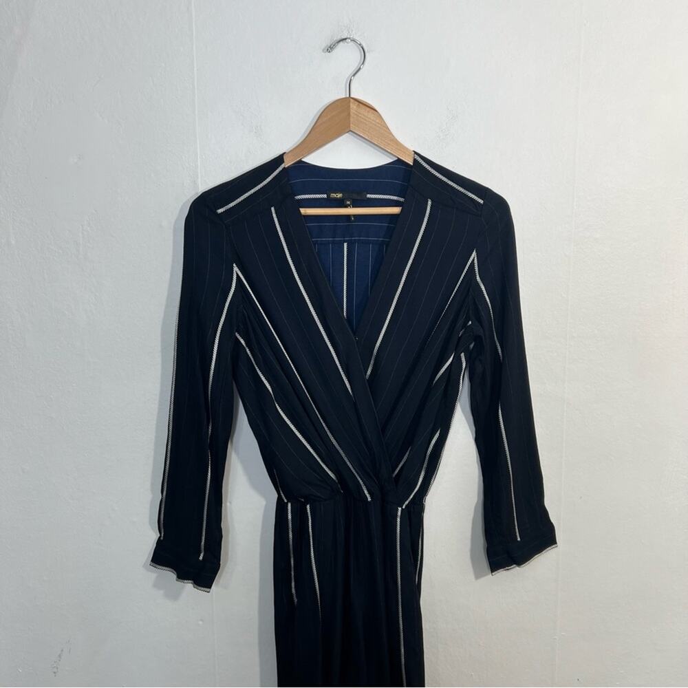 MAJE PANTI Jumpsuit Navy w Silver Metallic Pinstripes Long Sleeve Size 4 - Picture 10 of 16